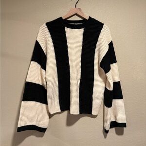 SHEIN Black & Cream Knit Striped Sweater with Wide Sleeves